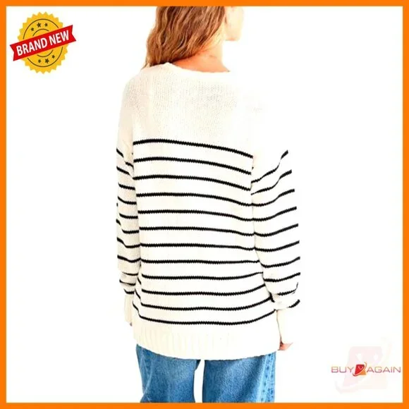 Oversized Crewneck Sweater Chunky Stripe Relaxed Fit Y2K Chic Minimal Pullover - Picture 4 of 4